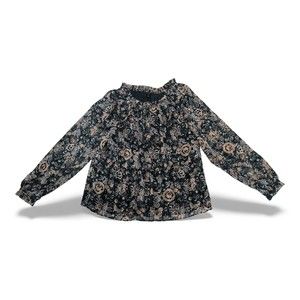 Ann Taylor‎ Petite Green Floral Smocked Long Sleeve Blouse